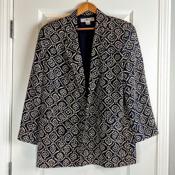 Saks Fifth Avenue Real Clothes Navy Tan Ikat Print 100% Silk Blazer - Picture 2 of 4